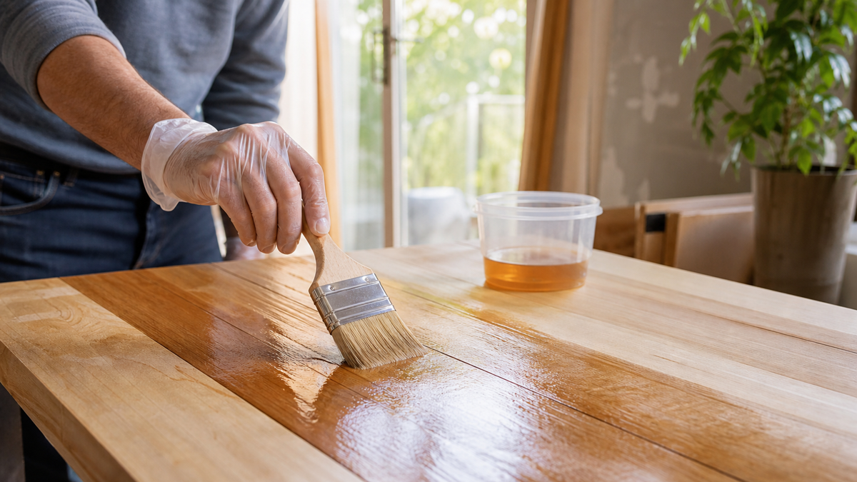 Pinceau appliquant un vernis en couches fines sur bois dépoussiéré dans une pièce ventilée