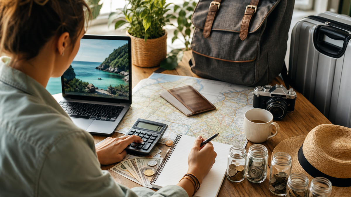 Budget de voyage réparti entre transport, hébergement, repas, activités, assurance et réserve d'urgence
